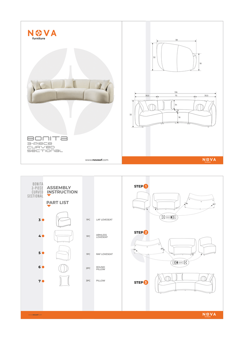 Bonita Ivory Boucle 3-Piece Curved 138" Sectional