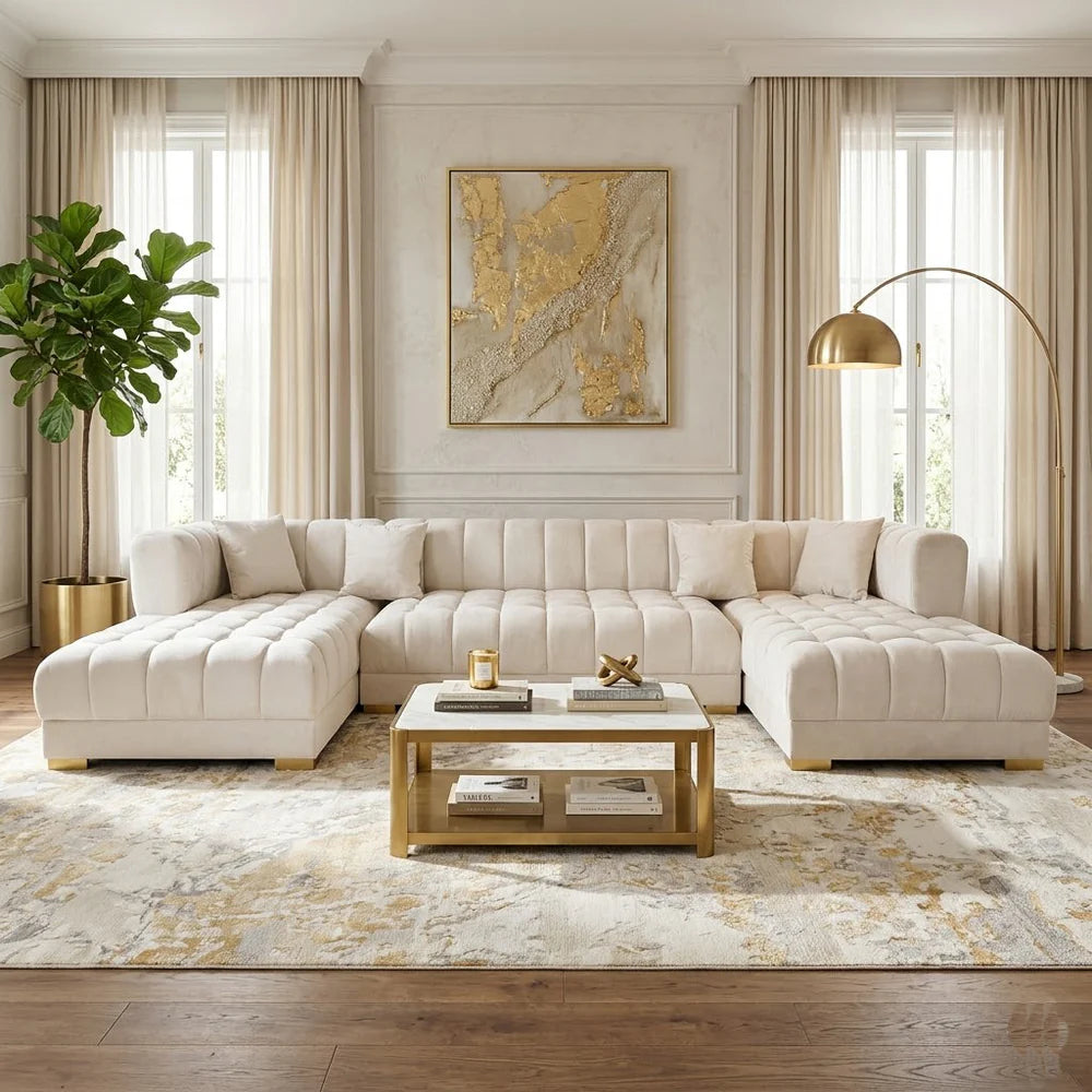 JAYLA IVORY VELVET DOUBLE CHAISE 141" SECTIONAL