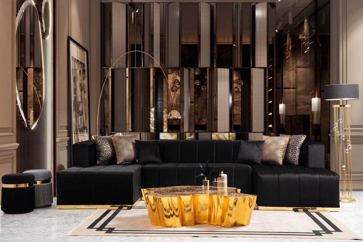 Elisha Black Velvet Double Chaise 130" Sectional