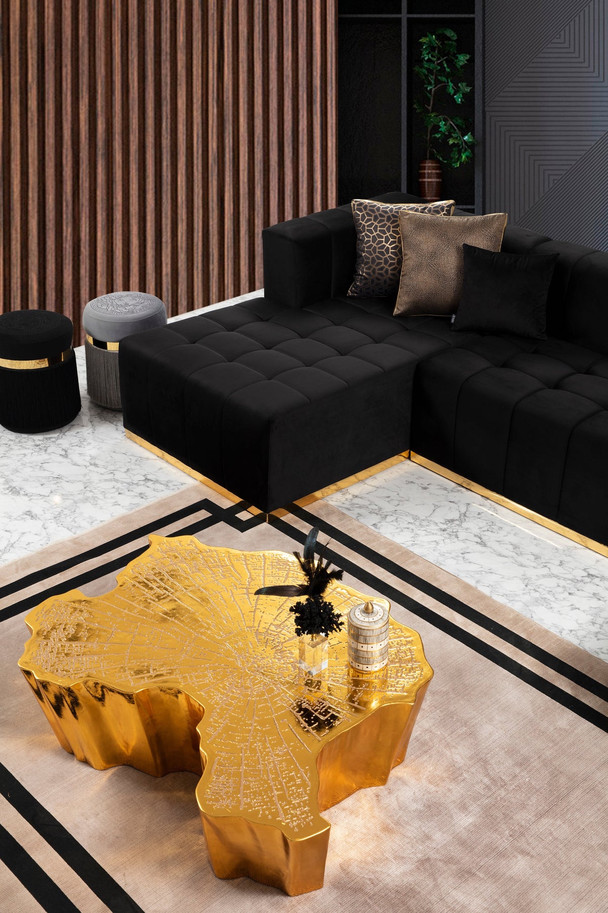 Elisha Black Velvet Double Chaise 130" Sectional