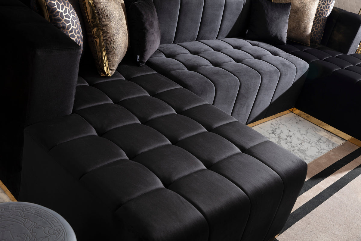 Elisha Black Velvet Double Chaise 130" Sectional